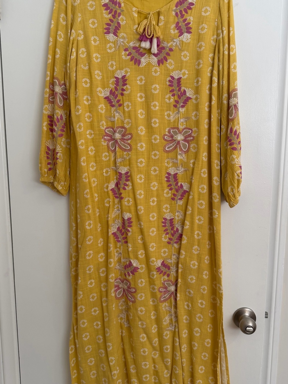 Charter Club Mustard Yellow Maxi Dress with Pink Floral Embroidery